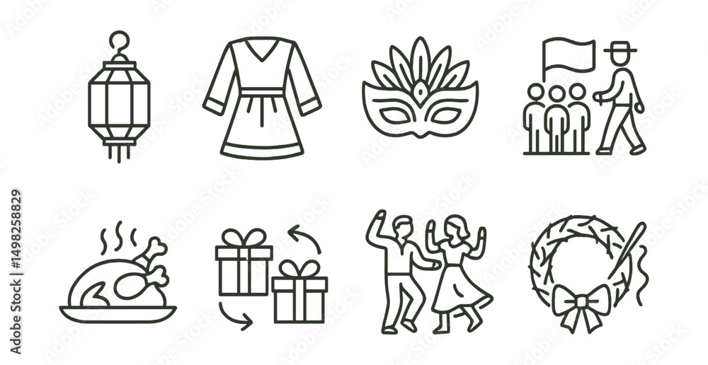 Naklejka premium Line style icons of traditions and holidays: lantern icon, folk costume, festival mask, cultural parade, holiday meal, gift exchange, traditional dance, seasonal craft.
