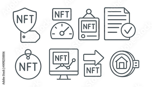 Line style icons of NFT galleries: NFT rental badge, lease duration meter, rent-to-view panel, collection loan agreement, temporary access token, lending activity tracker, gallery sharing tool,
