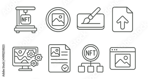 Line style icons of NFT crafting: NFT minting station, digital creation token, create NFT button, file upload icon, generative art engine, mint metadata form, blockchain mint process, preview before