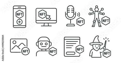 Line style icons of NFT crafting: mobile NFT minting app, drag-and-drop mint tool, voice-to-NFT recorder, motion capture to NFT, instant image-to-token icon, AI-generated NFT creator, prompt-based