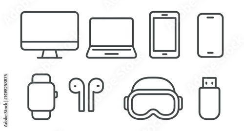 Line style icons of modern tech: desktop computer, laptop, tablet, smartphone, smartwatch, wireless earbuds, VR headset, USB flash drive.