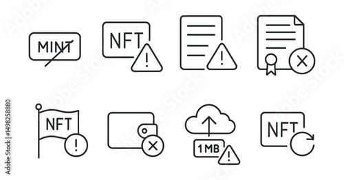 Line style icons of NFT crafting: mint button disabled, error validation alert, missing field warning, contract rejection icon, metadata error flag, wallet connection fail, upload size exceeded alert
