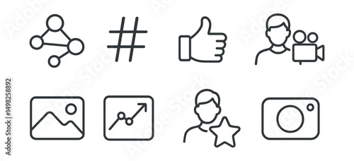 Line style icons of social tech: social network icon, hashtag, like button, content creator badge, photo sharing, viral post graph, influencer star, story camera.