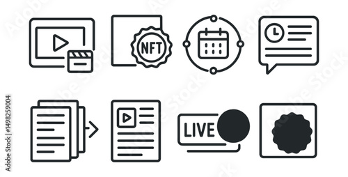 Line style icons of NFT media: live coverage icon, breaking news token, event timeline badge, real-time update feed, rolling article series, stream-linked article, live news header, flash report