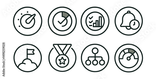Line style icons of remote Web3 work (circular): task prioritization dial, goal progress circle, OKR dashboard ring, deadline reminder bubble, milestone circle badge, achievement ring icon, goal