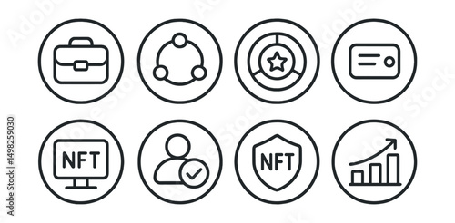 Line style icons of remote Web3 work (circular): circular portfolio badge, job history wheel, experience level ring, skill tag icon, NFT resume viewer, verified contributor icon, work badge NFT,