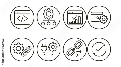 Line style icons of remote Web3 work (circular): Web3 tool integration icon, task automation ring, dApp productivity badge, wallet-linked tool icon, task API link, plugin ecosystem circle, app flow
