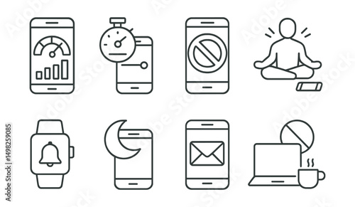 Line style icons of tech habits: app usage meter, screen time control, phone-free zone, digital detox, smart watch alert, phone sleep mode, email check icon, online break symbol.