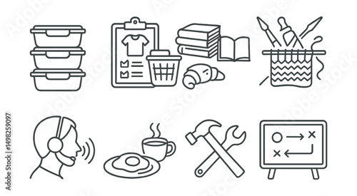 Line style icons of weekend habits: meal prep containers, laundry checklist, reading stack, hobby tools, catch-up call, slow breakfast, home repair, weekend plan board.