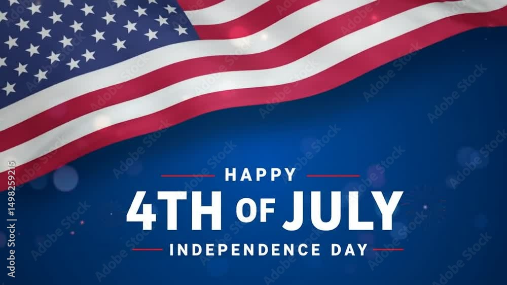 Waving American Flag Over Blue Background Celebrates Independence Day With Patriotic Fireworks and Happy Fourth of July Text Message, Ideal for Festive Greetings and National Holiday Promotion, A Waving American Flag Over Blue Background Celebrates Independence Day With Patriotic Fireworks and Happy Fourth of July Text Message, Ideal for Festive Greetings and National Holiday Promotion, A