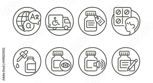Line style icons of medicine delivery (circular): multi-language support icon, accessibility delivery badge, readable label tag, age-appropriate packaging, childproof drop indicator, visually