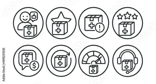 Line style icons of medicine delivery (circular): courier with pharmacy bag, medication delivery truck, home drop-off badge, contactless handoff icon, circular GPS tracking dot, estimated time bubble
