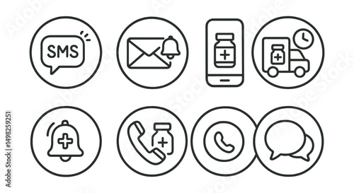 Line style icons of medicine delivery (circular): SMS delivery alert, email confirmation ring, push notification icon, real-time tracking feed, order update sound badge, pharmacy contact bubble,