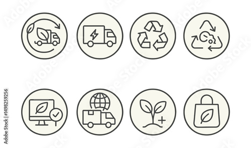 Line style icons of medicine delivery (circular): eco-friendly delivery icon, electric delivery vehicle badge, recyclable packaging label, low-emission transport ring, sustainability tracker bubble,