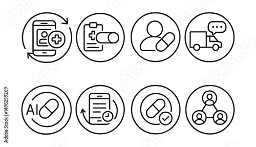 Line style icons of medicine delivery (circular): digital health record sync, EMR to delivery toggle, patient profile bubble, smart delivery assistant icon, AI recommendation ring, dosage history