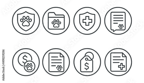Line style icons of veterinary care (circular): pet insurance plan badge, policy folder icon, coverage shield ring, claim form bubble, deductible icon, vet bill document, reimbursement tag, treatment