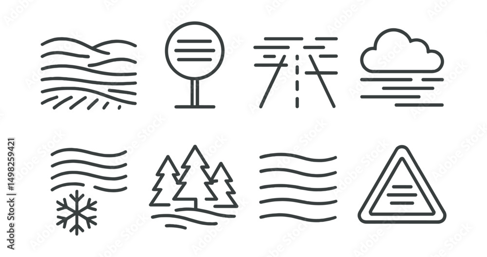 Fototapeta premium Line style icons of foggy weather: mist over field, low visibility icon, fog lines on road, cloud at ground level, cold haze, forest in fog, layered fog bands, traffic fog warning.