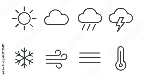 Line style icons of general weather: sun, cloud, rain, thunderstorm, snowflake, wind, fog, thermometer.