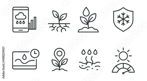 Line style icons of weather in agriculture: rainfall tracker, drought icon, crop with raindrop, frost risk badge, irrigation timing chart, planting season marker, field humidity, sun exposure tool.