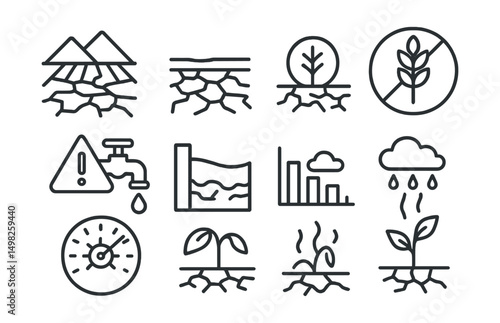 Line style icons of extreme weather: drought field, dry soil with cracks, crop failure badge, water shortage alert, empty reservoir icon, rain deficit chart, evaporation rate meter, heat-stressed