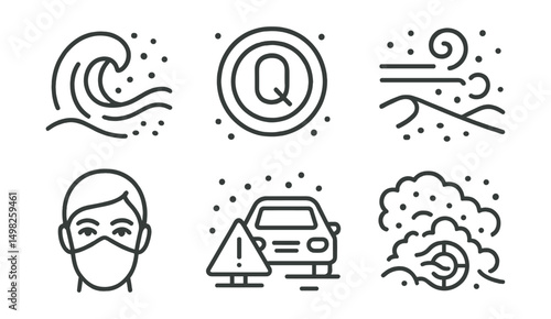 Line style icons of extreme weather: sandstorm wave icon, visibility near zero badge, desert wind pattern, sand impact hazard, eyes and mask icon, vehicle hazard warning, airborne particles cloud,