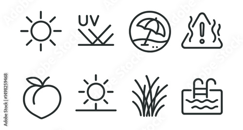 Line style icons of summer: strong sun, UV rays icon, beach umbrella badge, heatwave alert, ripe fruit symbol, long day indicator, dry grass texture, swimming pool icon.