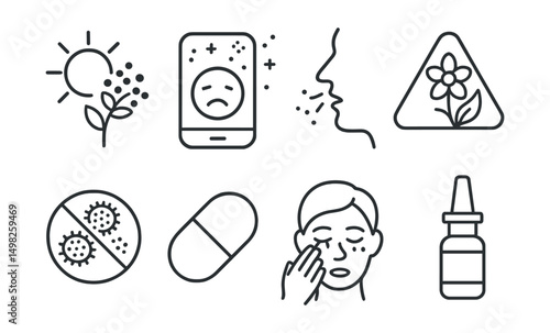 Line style icons of seasonal allergies: pollen count icon, dust allergy tracker, hay fever symbol, spring allergy alert, summer mold spore badge, antihistamine tablet, itchy eyes icon, nose spray