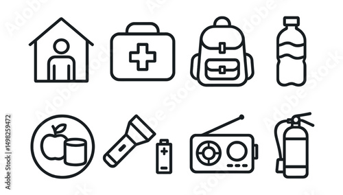 Line style icons of extreme weather: emergency shelter icon, first aid pack, go-bag symbol, water bottle reserve, food stockpile badge, flashlight and battery icon, emergency radio, fire extinguisher