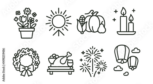 Line style icons of seasonal festivals: spring flower fair, summer solstice badge, autumn harvest fest, winter lights icon, holiday wreath, seasonal food table, firework display, lantern release.