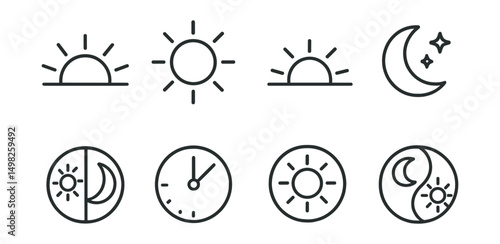 Line style icons of time: morning sunrise, afternoon sun, evening sunset, midnight moon, day and night cycle, time-of-day icon, daylight hours ring, circadian rhythm badge.
