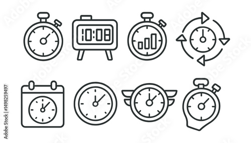 Line style icons of time: stopwatch for sport, marathon clock, interval training timer, countdown to start, sports event time, fitness routine clock, fast lap badge, coach stopwatch.