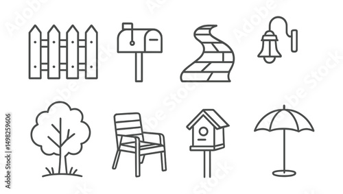 Line style icons of outdoor home: garden fence, mailbox, garden path, porch light, tree in yard, patio chair, birdhouse, outdoor umbrella.