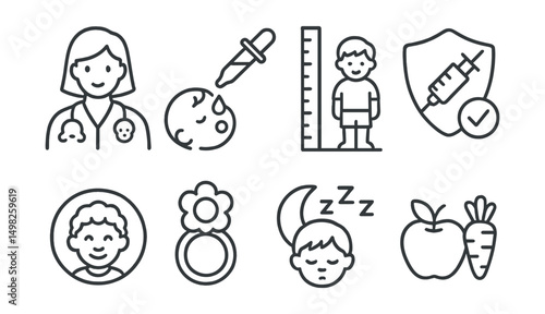 Line style icons of children’s health: pediatrician icon, baby medicine dropper, growth chart, vaccination badge, child-safe label, teething ring, bedtime routine, healthy snack.