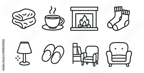 Line style icons of home comfort: fluffy blanket, cup of tea, fireplace icon, cozy socks, soft lighting, warm slippers, reading corner, comfy chair.