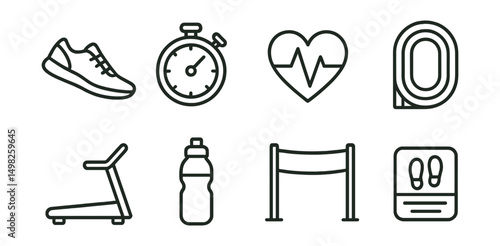 Line style icons of running and cardio: running shoe, stopwatch, heart rate monitor, running track, treadmill icon, water bottle, finish line, step counter.