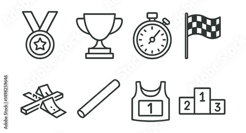 Line style icons of athletic competitions: medal, trophy cup, podium, stopwatch, track starting blocks, relay baton, race bib, winner flag.