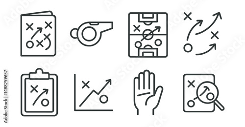 Line style icons of sports strategy: playbook icon, coach whistle, tactical board, formation arrows, clipboard with plan, game analysis chart, timeout hand signal, strategy review icon.
