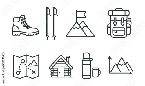 Line style icons of mountain travel: hiking boots, trekking poles, summit flag, backpack with gear, trail map, mountain cabin, thermos bottle, elevation icon.