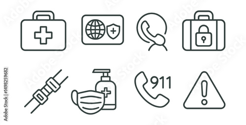 Line style icons of travel safety: first aid kit, travel insurance card, emergency contact icon, locked suitcase, seatbelt icon, mask and sanitizer, local emergency number, health alert.