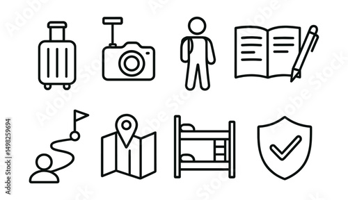 Line style icons of solo travel: single suitcase, self-timer camera, solo traveler icon, book and pen, trail alone symbol, independent map use, hostel bed icon, safety plan.