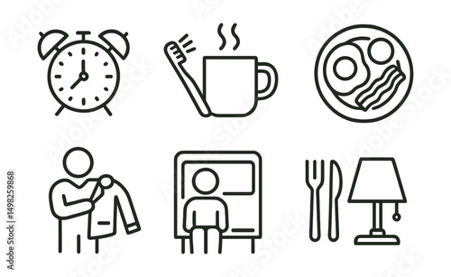 Line style icons of daily routine: wake-up clock, brushing teeth, morning coffee, breakfast plate, getting dressed, commute icon, lunch break, bedtime lamp.