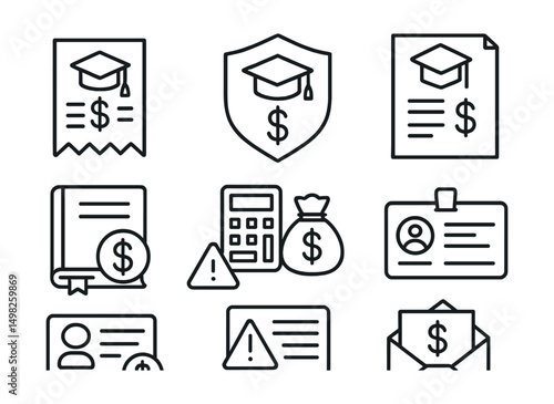 Line style icons of student finance: tuition receipt, student loan badge, scholarship document, education budget icon, textbook cost icon, fee deadline alert, student ID card, financial aid letter.