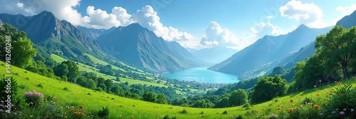 Wallpaper Mural Stunning vista of a lush, Earth-like planet with vibrant green landscapes, majestic mountains, and a clear blue sky  Ideal for science fiction, environmental, or travel themes ,  universe,  mountains Torontodigital.ca