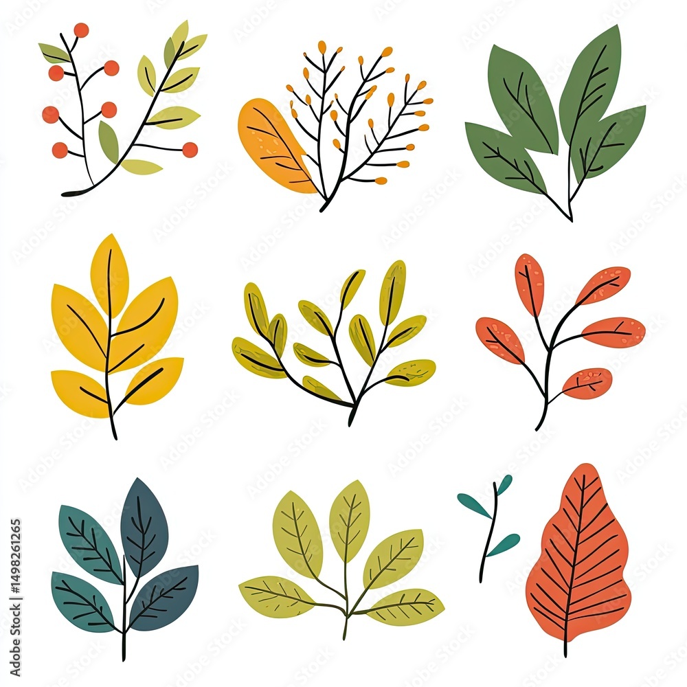 A collection of autumnal leaves and berries in various shapes and colors A collection of autumnal leaves and berries in various shapes and colors