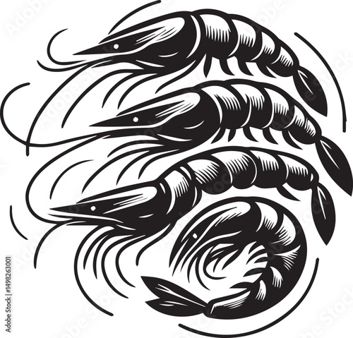 Three delicious shrimps seafood design black and white illustration
