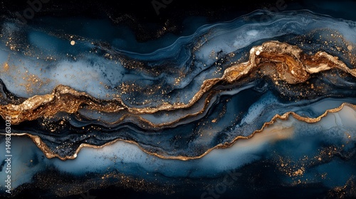 Abstract image of dark blue and gold marble-like swirls with a fluid and luxurious appearance