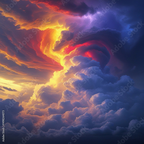 Yellow orange red purple violet blue clouds. Storm hurricane thunderstorm rain wind. Dark colorful
