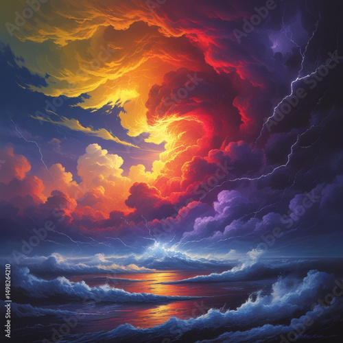 Yellow orange red purple violet blue clouds. Storm hurricane thunderstorm rain wind. Dark colorful
