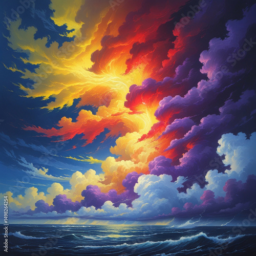 Yellow orange red purple violet blue clouds. Storm hurricane thunderstorm rain wind. Dark colorful
