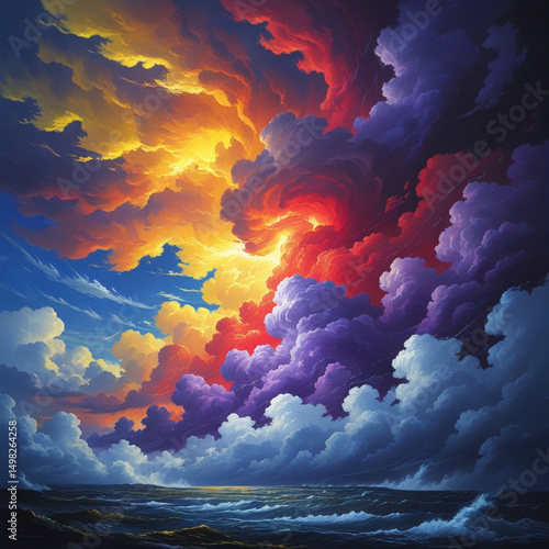 Yellow orange red purple violet blue clouds. Storm hurricane thunderstorm rain wind. Dark colorful
